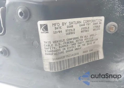 2005 Saturn Ion 1 из США, поврежденный, VIN 1G8AG52F75Z141515